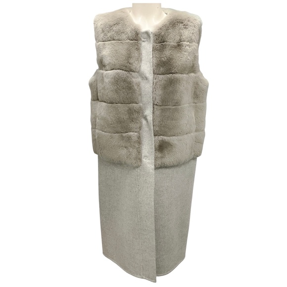 YVES SALOMON LIGHT GREY RABBIT FUR AND WOOL LONG VEST - Picture 1 of 5